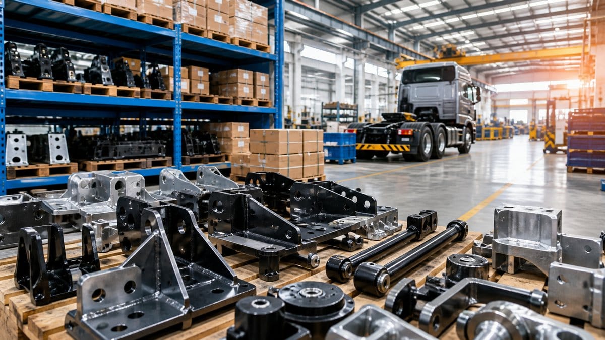 Factory direct heavy truck parts and chassis brackets in a modern warehouse