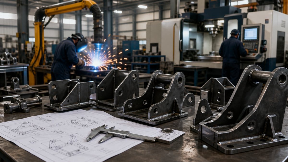 OEM custom truck brackets being fabricated from drawings in an industrial workshop